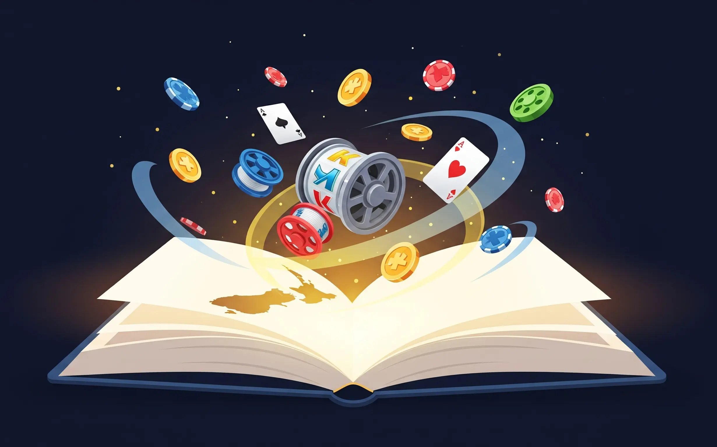 An illustrative image for a guide to online pokies in NZ, featuring a glowing, stylized book or map revealing modern pokie symbols and treasures, symbolizing a journey of discovery.