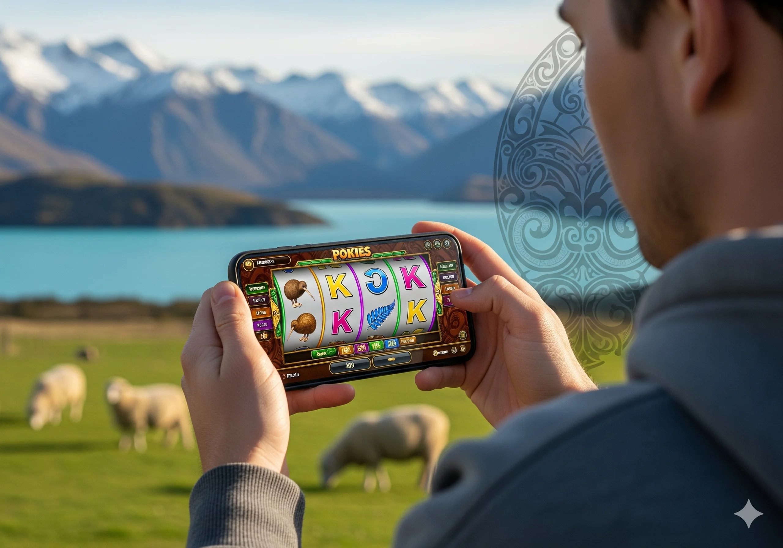 An image of a person enjoying online pokies on a smartphone with a New Zealand-themed background, showcasing the best mobile pokies for Kiwis