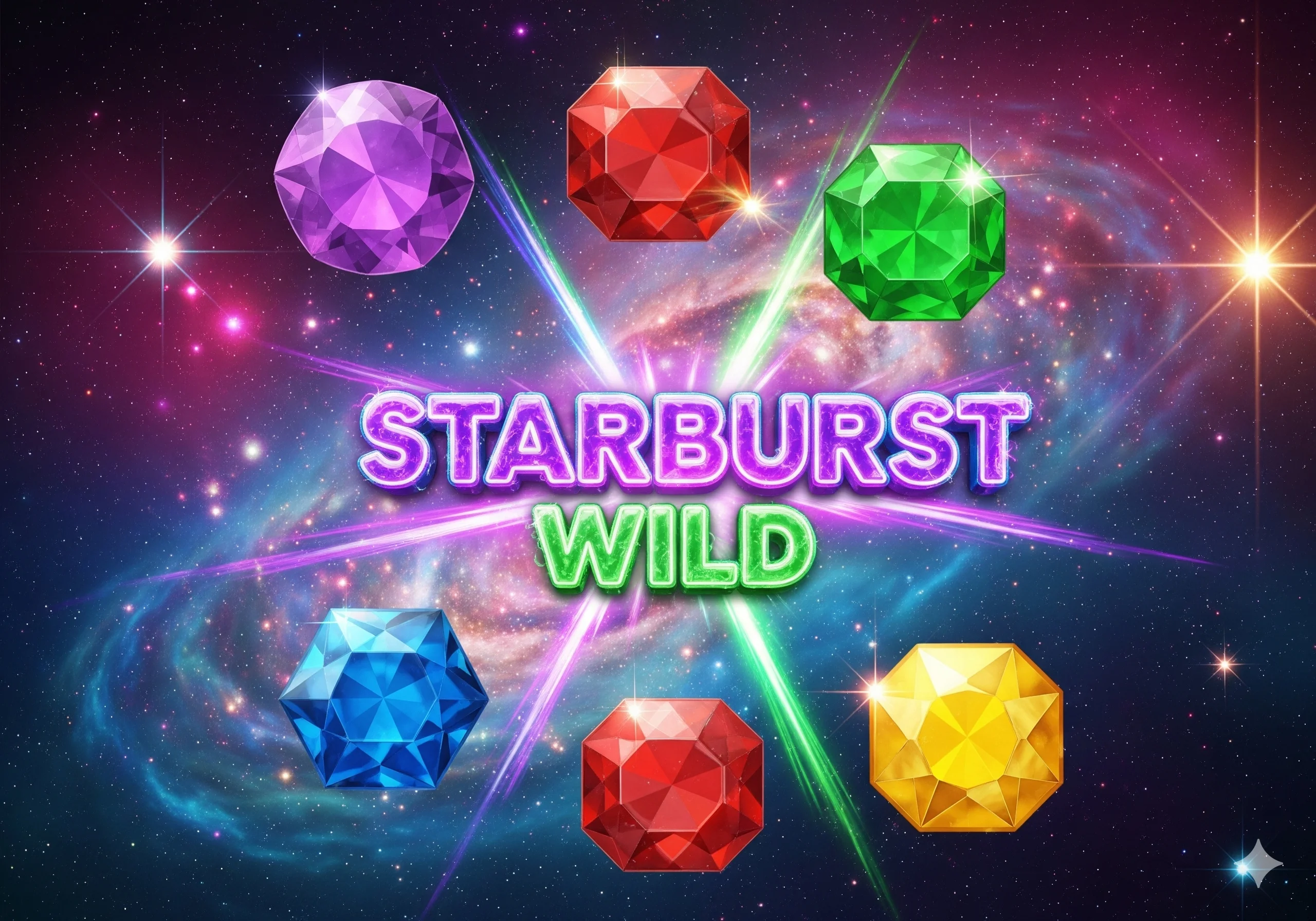 A vibrant cosmic-themed image with colourful gems and stars, reflecting the exciting gameplay of the classic Starburst pokie, a favourite in New Zealand.