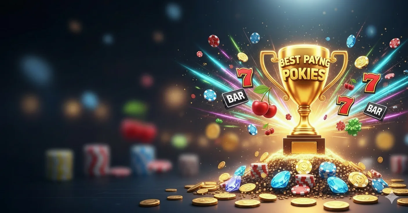 A banner for the top 10 best paying online pokies in NZ, featuring a golden trophy on a mountain of coins to symbolize high payouts and winnings.