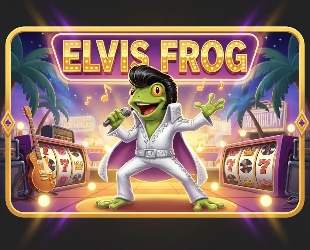 Desktop banner image for the "Elvis Frog" pokie game, showing a frog dressed as Elvis Presley singing on stage with slot machines and palm trees in the background.