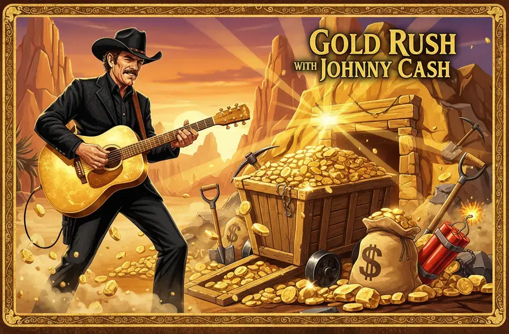 Desktop banner image for the "Gold Rush with Johnny Cash" pokie game, featuring Johnny Cash playing a guitar in a gold mine setting with heaps of gold.