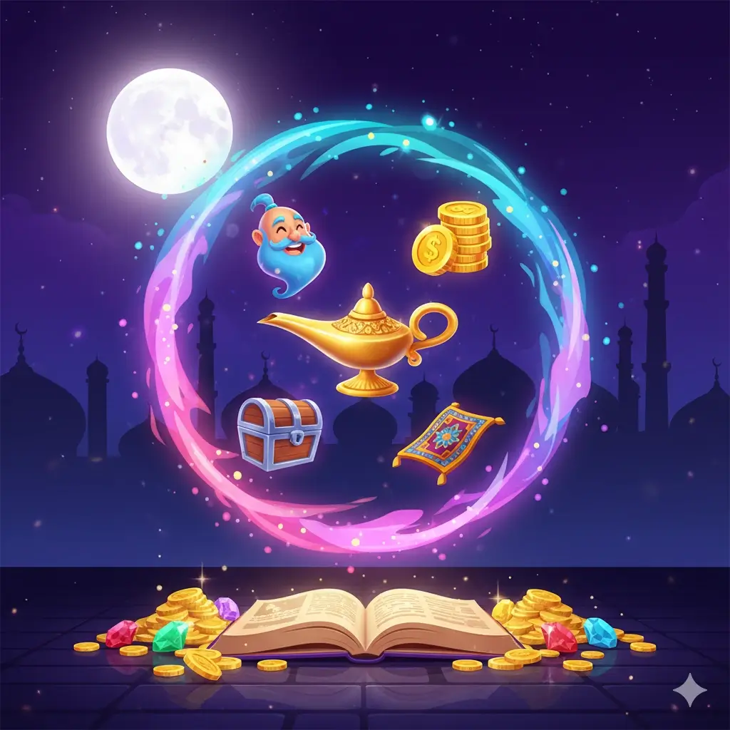 A banner for an Aliyas Wishes pokie review for NZ players, featuring a glowing magic lamp and golden coins on an Arabian-themed background, representing the Games Global slot.