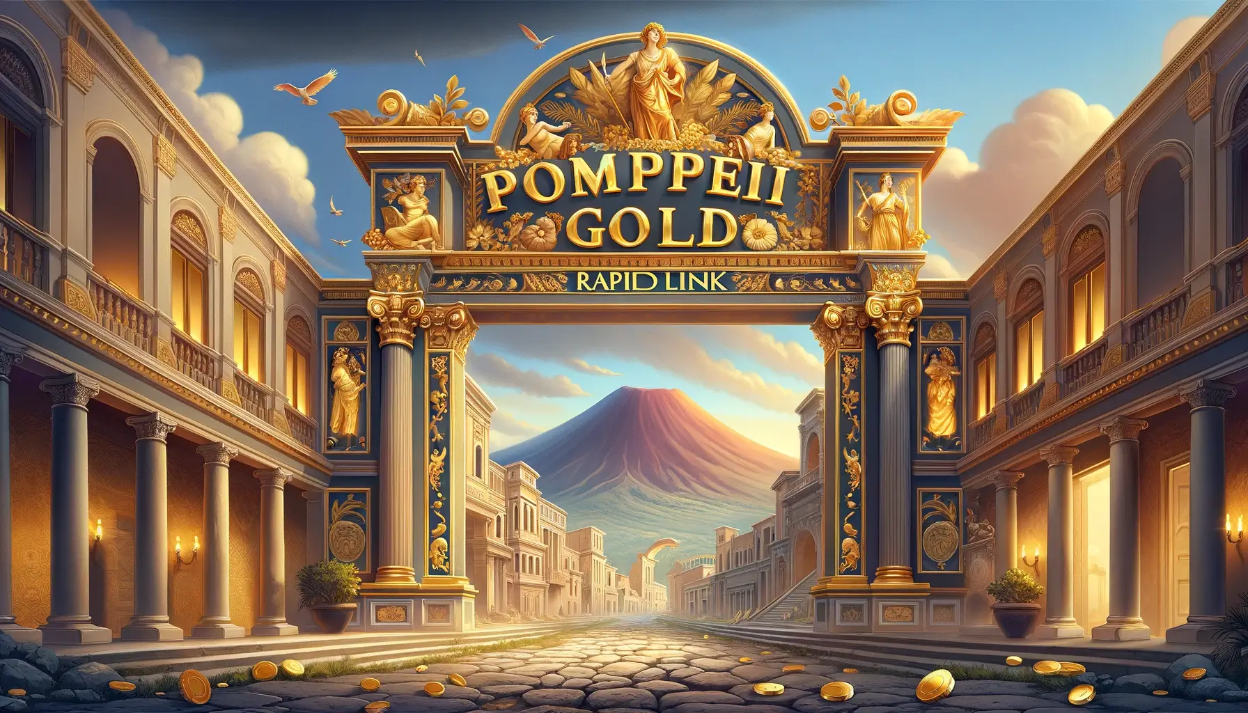 The official banner for the Pompeii Gold: Rapid Link pokie game, showing the logo on a golden archway overlooking a street in Pompeii with Mount Vesuvius in the background.