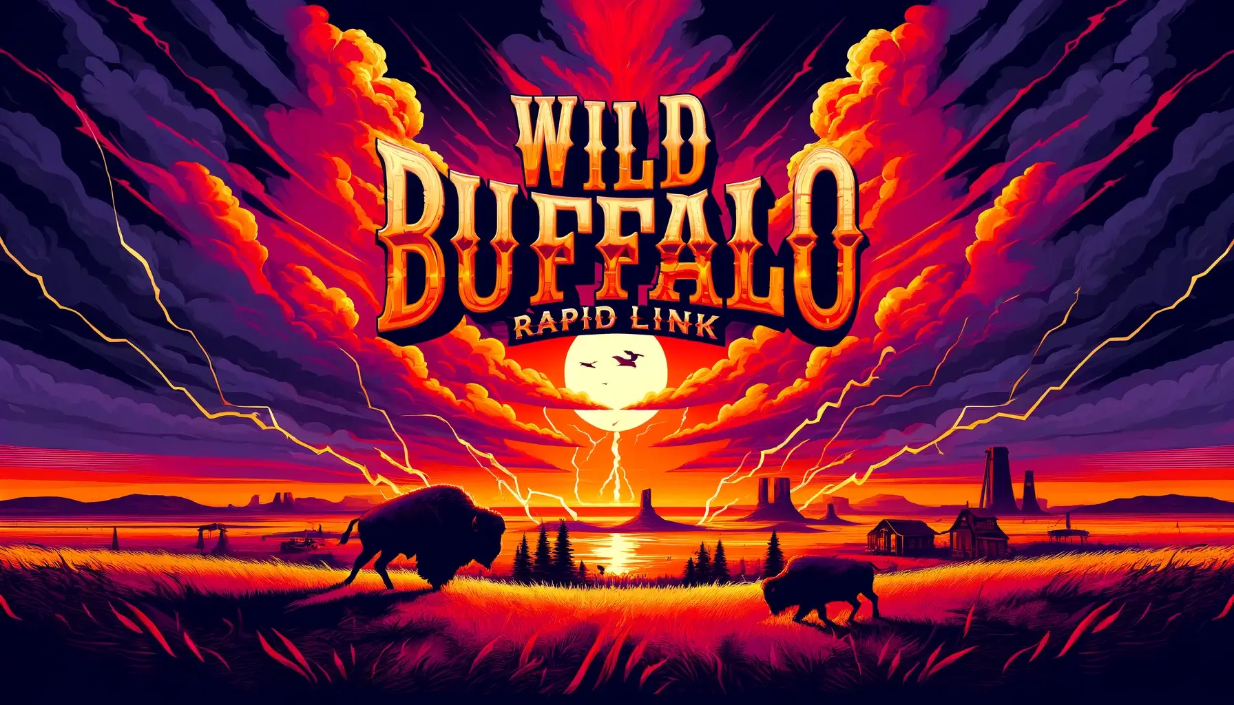 The official banner for the Wild Buffalo: Rapid Link pokie game, showing the game's logo over a dramatic prairie sunset with buffalo silhouettes.